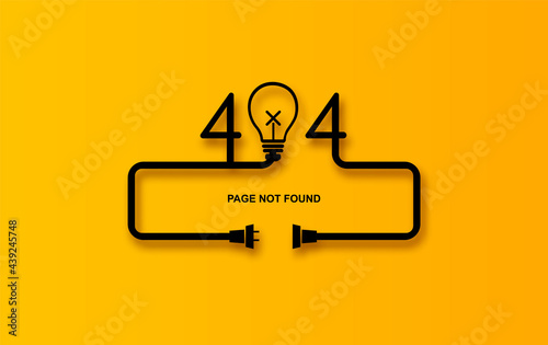 Modern vector illustration of 404 error page vector template for website, light bulb Electric Plug and Socket unplugged. Concept of Electrical theme web banner, disconnection, loss of connect. yellow