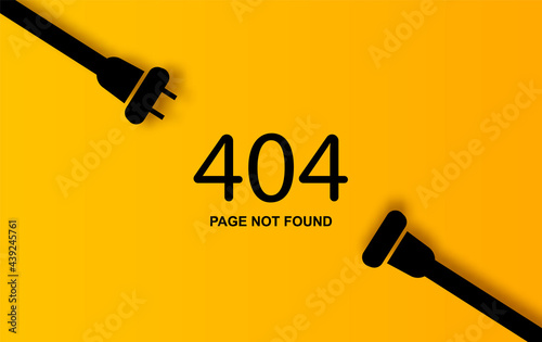 Modern vector illustration of 404 error page vector template for website, Electric Plug and Socket unplugged. Concept of Electrical theme web banner, disconnection, loss of connect. yellow