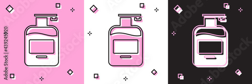 Set Bottle of liquid antibacterial soap with dispenser icon isolated on pink and white, black background. Antiseptic. Disinfection, hygiene, skin care. Vector