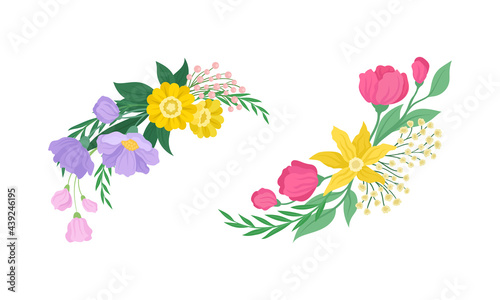 Fototapeta Naklejka Na Ścianę i Meble -  Floral Arrangement with Twigs and Flowers for Corner Decoration Vector Set