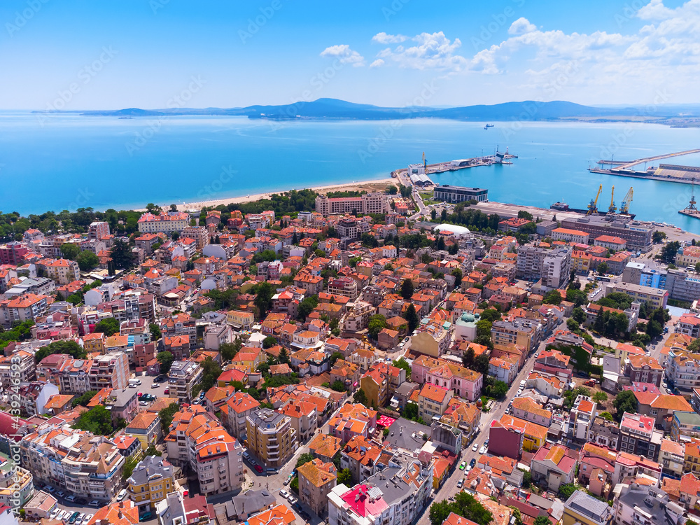 Aerial view of city of Burgas, View of Burgas Bay and the seaport of Burgas, Bulgaria
