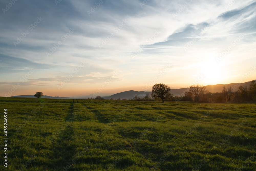 Beautiful rural landscape at sunset, panorama of countryside in Slovakia.