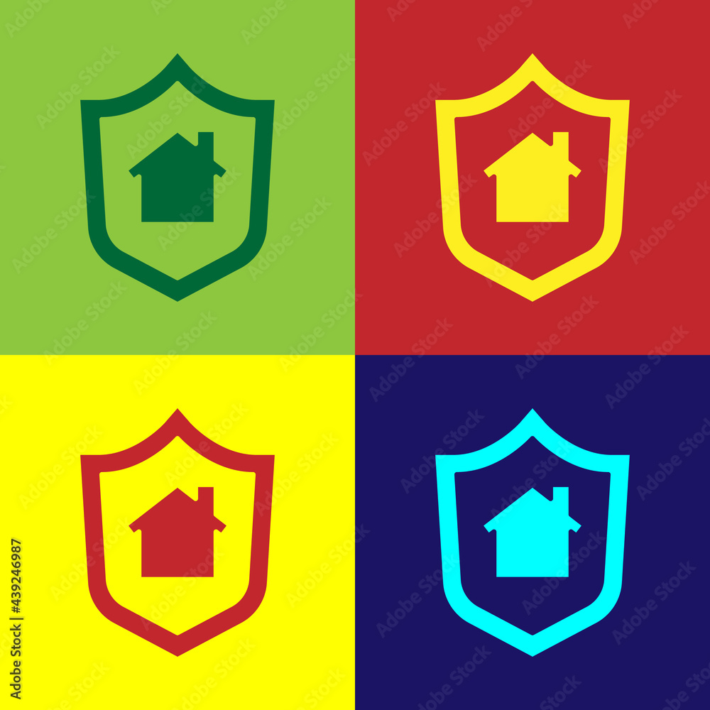 Pop art House with shield icon isolated on color background. Insurance concept. Security, safety, protection, protect concept. Vector. Pop art House with shield icon isolated on color background. Insurance concept. Security, safety, protection, protect concept. Vector.