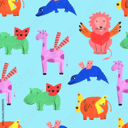 Different funny animals with wings on blue background  seamless pattern  gouache illustration