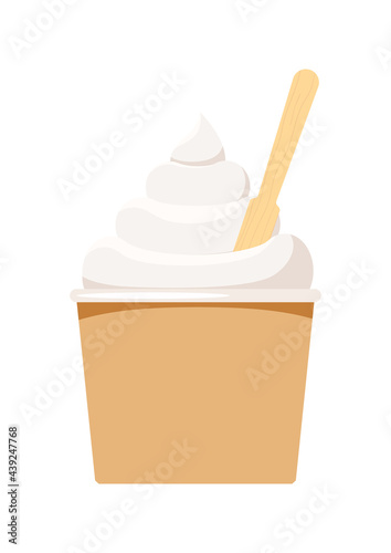 Cup with ice cream and popsicle stick isolated on white background. Cardboard eco packaging with frozen yogurt or vanilla swirl soft sundae. Flat design cartoon vector clip art illustration.