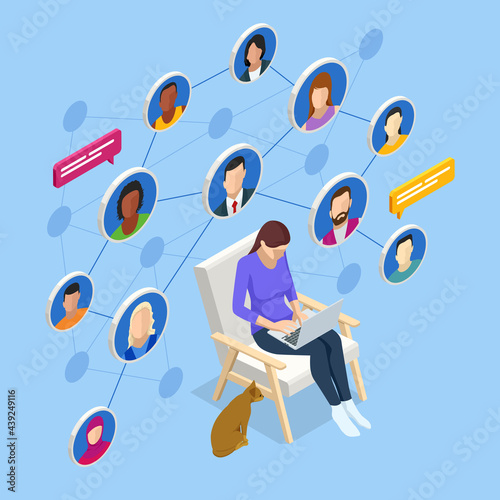 Isometric social network concept. Woman laptop using ,Social, media, Marketing concept. Online messaging service. Chatting mobile application