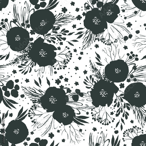 Monochrome roses bouquets background, black and white botanical seamless pattern. Perfect for greeting cards, wedding invitations, parties