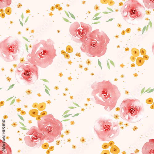 Watercolor pink roses and yellow flowers background, floral seamless pattern. Perfect for fabric, greeting cards, wedding invitations, parties