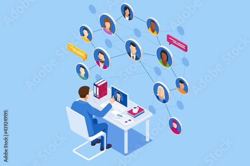 Isometric social network concept. Man laptop using ,Social, media, Marketing concept. Online messaging service. Chatting mobile application