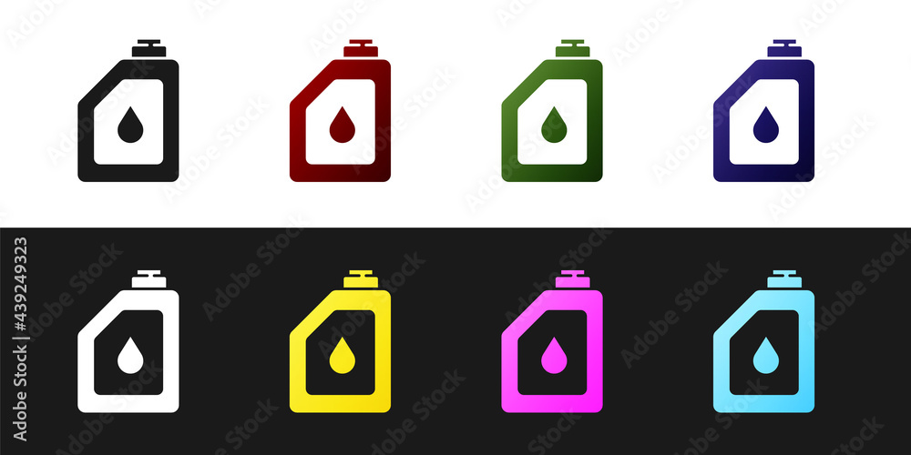 Set Canister for motor machine oil icon isolated on black and white background. Oil gallon. Oil change service and repair. Engine oil sign. Vector Set Canister for motor machine oil icon isolated on black and white background. Oil gallon. Oil change service and repair. Engine oil sign. Vector