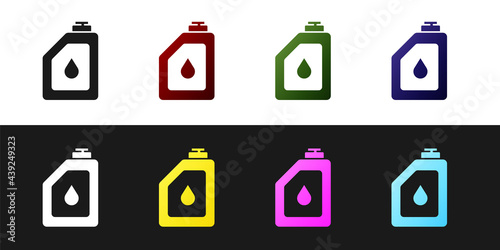 Set Canister for motor machine oil icon isolated on black and white background. Oil gallon. Oil change service and repair. Engine oil sign. Vector