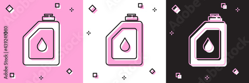 Set Canister for motor machine oil icon isolated on pink and white, black background. Oil gallon. Oil change service and repair. Engine oil sign. Vector