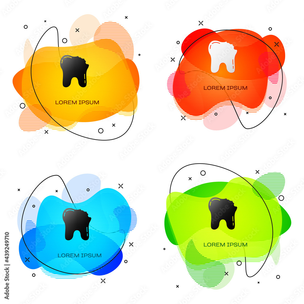 Black Broken tooth icon isolated on white background. Dental problem icon. Dental care symbol. Abstract banner with liquid shapes. Vector