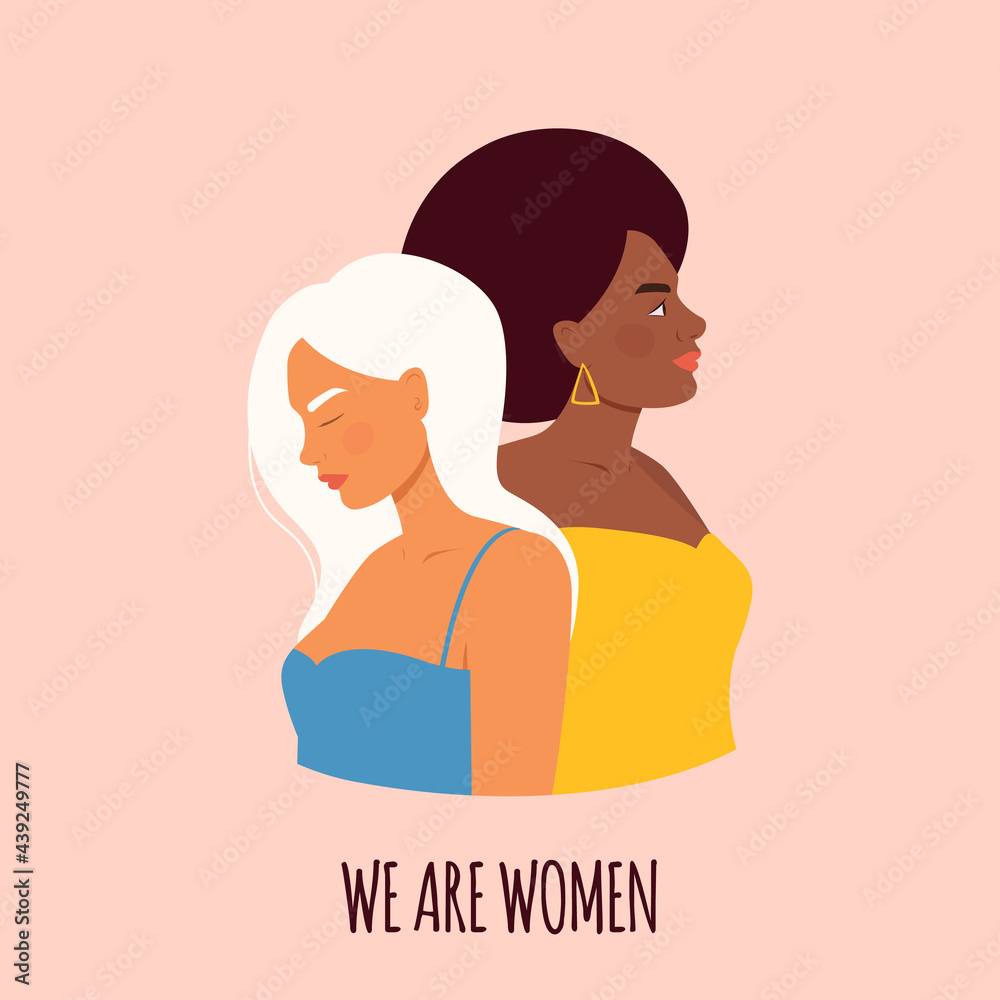 Women of different nationalities and different skin colors in a flat style. Feminism concept. Vector stock illustration