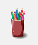 Isolated Colored pencils in a glass in a flat illustration style