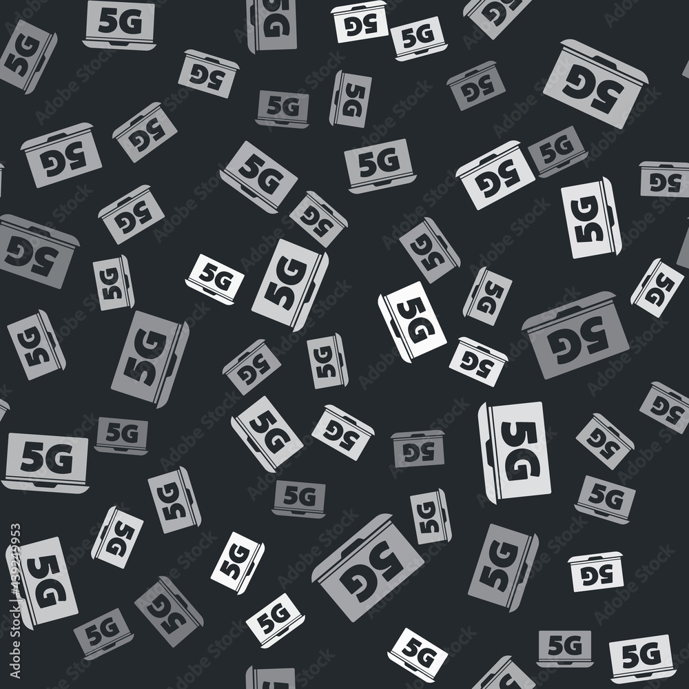 Grey Laptop with 5G new wireless internet wifi icon isolated seamless pattern on black background. Global network high speed connection data rate technology. Vector Grey Laptop with 5G new wireless internet wifi icon isolated seamless pattern on black background. Global network high speed connection data rate technology. Vector