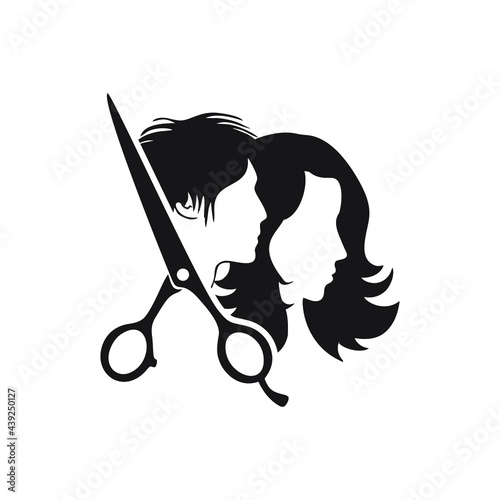 Hairdresser logo, Beauty salon logo with man and woman silhouettes, vector illustration.