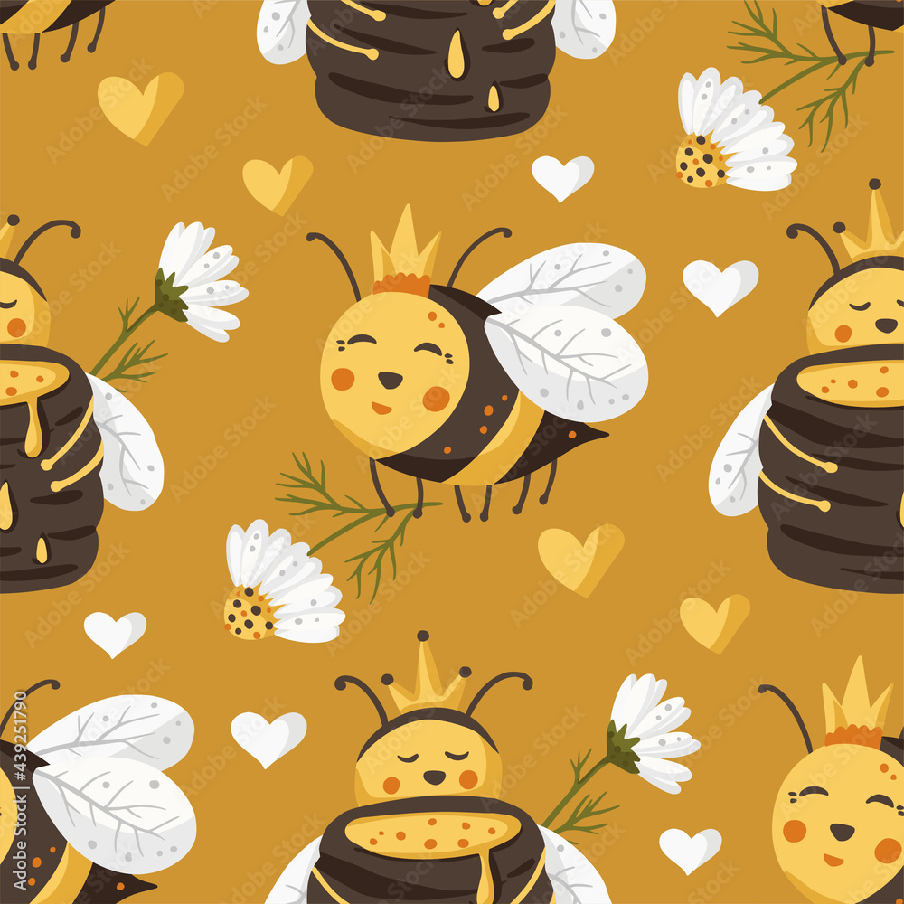 Cute bee insect summer seamless pattern background. Cartoon baby fly nature design with honey and daisy flower. Vector illustration sweet textile design. Cute bee insect summer seamless pattern background. Cartoon baby fly nature design with honey and daisy flower. Vector illustration sweet textile design.