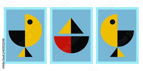 Set of sea Abstract Geometric Wall Art. Mid Century Illustration in Minimal Style for house Decoration Background. Shape Art Set of soft color painting in boho style. poster template layouts.