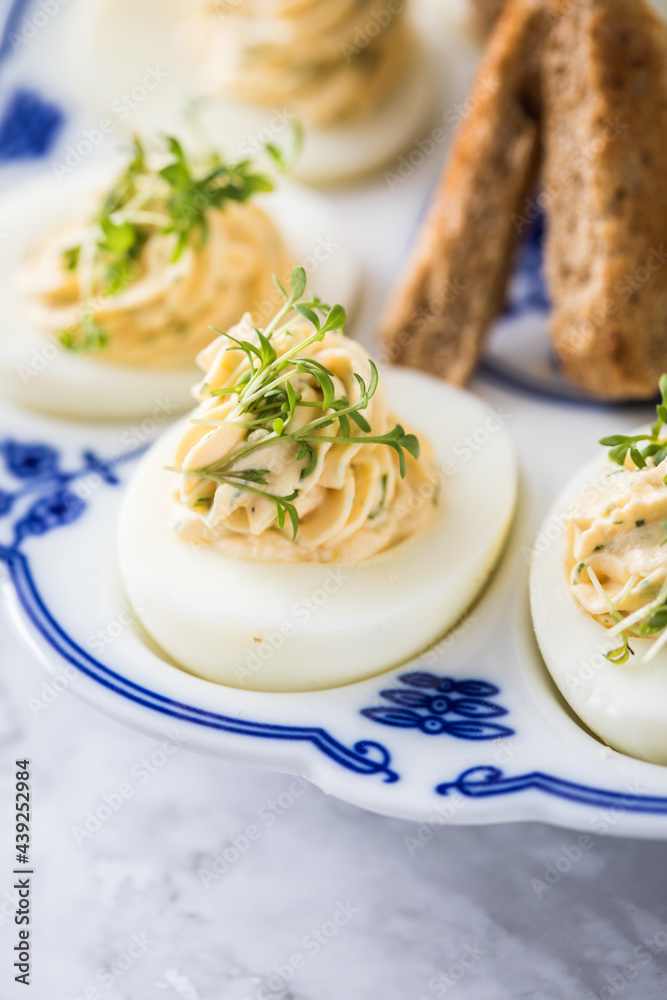Kalte gefüllte russische Eier mit Frischkäse, Kresse und Kräuter farciert und Toast Brot auf Blau Weiß Porzellan Eierplatte und Marmor Hintergrund hell in Detail Nahaufnahme Kalte gefüllte russische Eier mit Frischkäse, Kresse und Kräuter farciert und Toast Brot auf Blau Weiß Porzellan Eierplatte und Marmor Hintergrund hell in Detail Nahaufnahme