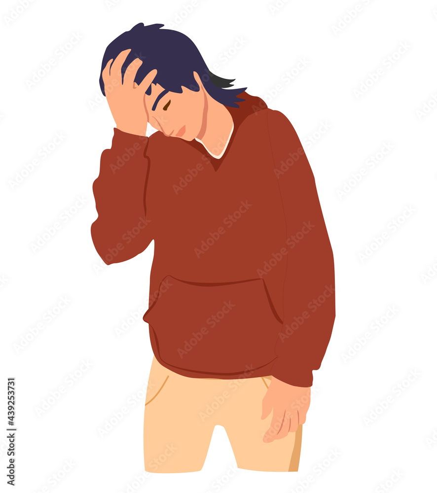 Fototapeta premium Man hold his head in hand forgotten something. Upset young man with hand on his head. Frustrated man. Headache, migraine, health problems and pain head, stress work, tired, suffer, emotion, oh no.