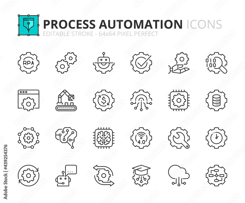 Simple set of outline icons about robotic process automation - obrazy, fototapety, plakaty 