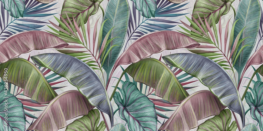Tropical exotic luxury seamless pattern with pastel color banana leaves, palm, colocasia. Hand-drawn 3D illustration. Vintage glamorous art design. Good for wallpapers, cloth, fabric printing, mural - obrazy, fototapety, plakaty 