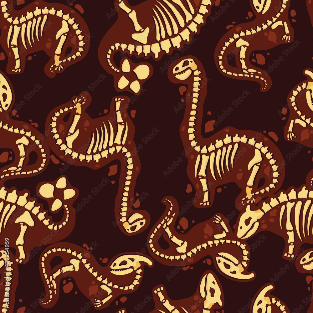 Dinosaur skeleton in cartoon style. The bones of a prehistoric animal underground. Archeology. seamless pattern. Vector illustration. Dinosaur skeleton in cartoon style. The bones of a prehistoric animal underground. Archeology. seamless pattern. Vector illustration.