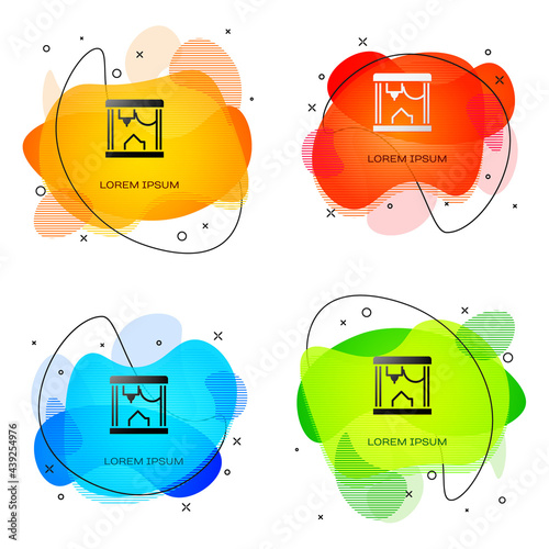 Black 3D printer icon isolated on white background. Abstract banner with liquid shapes. Vector