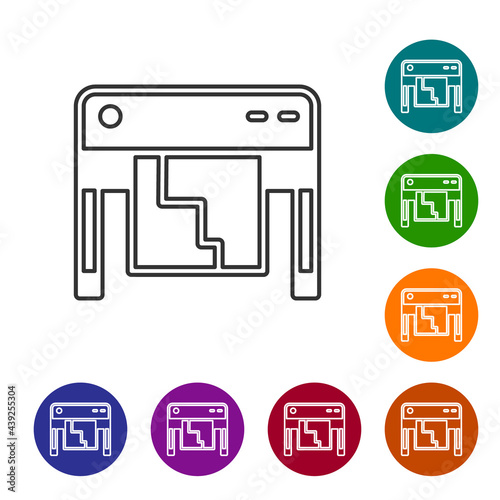 Black line Plotter icon isolated on white background. Large format multifunction printer. Polygraphy, printshop service. Set icons in color circle buttons. Vector