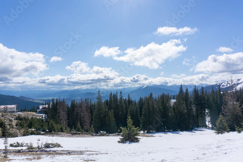 Landscape of carpathian mountains. Nature scenery in spring time with clouds on the sky