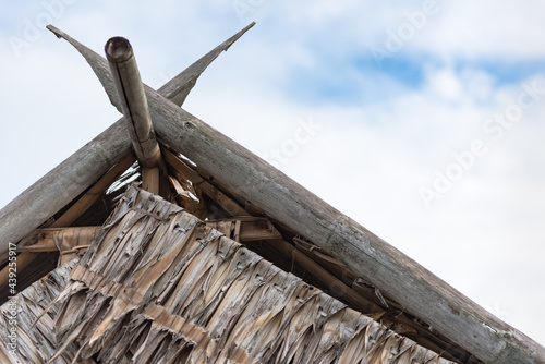 .Angle old wooden gable roof with foliage backdrop of the sky.