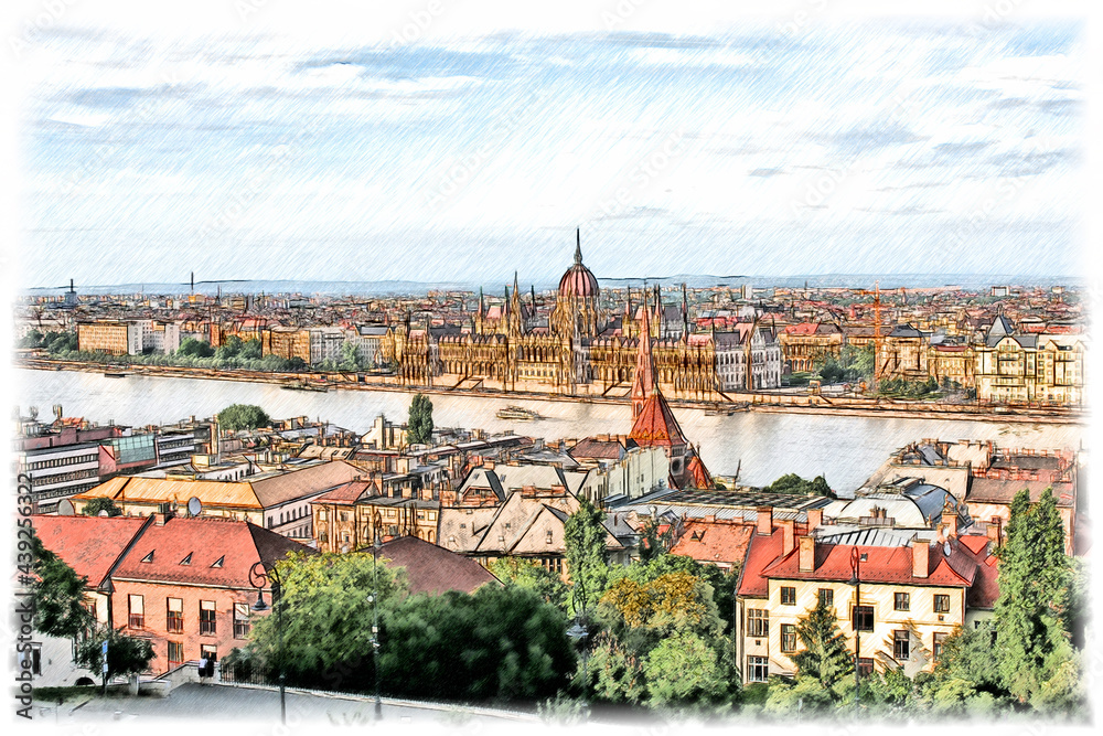 Sketch illustration of a beautiful view of the Hungarian Parliament building in Budapest in Hungary.