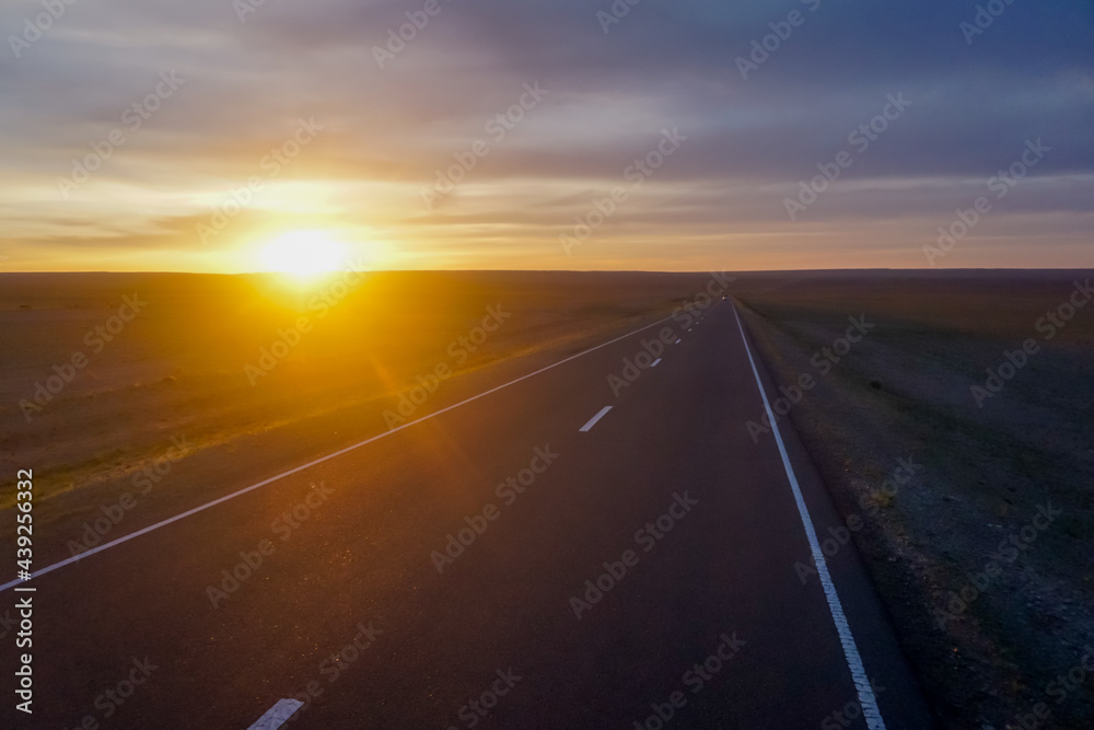 Beautiful sunset on the road in Mongolia