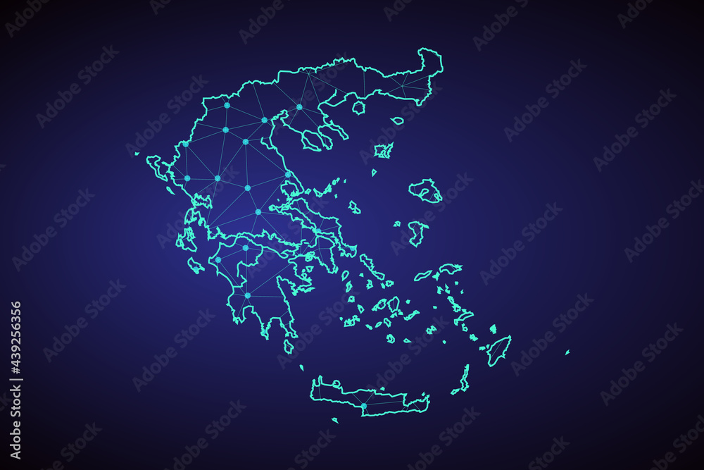 Map of greece. Wire frame 3D mesh polygonal network line, design sphere, dot and structure. communications map of greece. Vector.