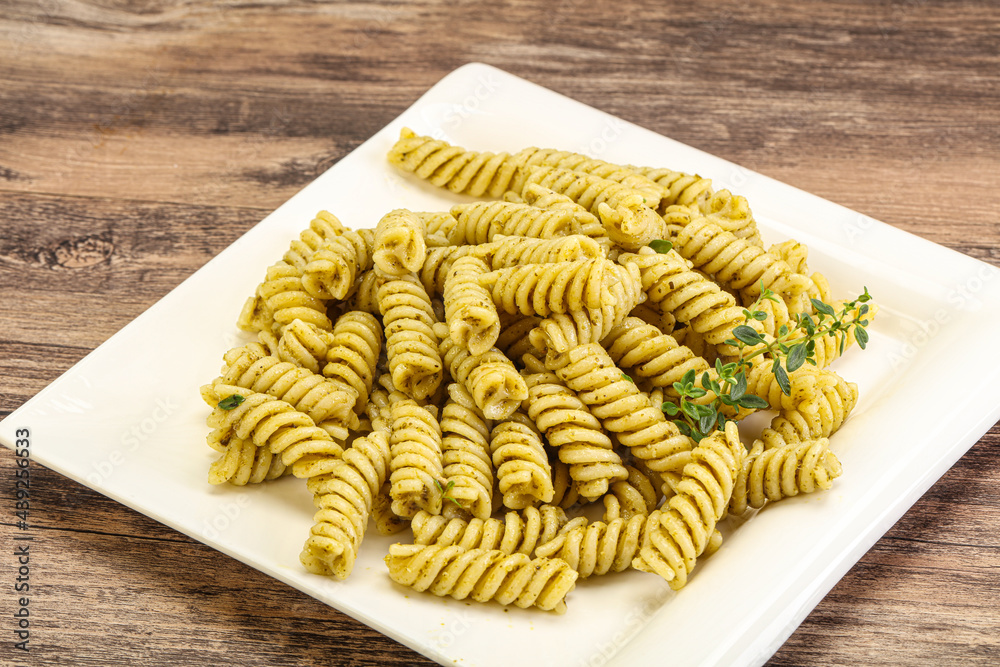 Italian pasta Fusilli with pesto