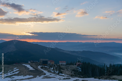 Majestic sunrise in the carpatian mountains in early spring. Ukraine, Carpathian mountains
