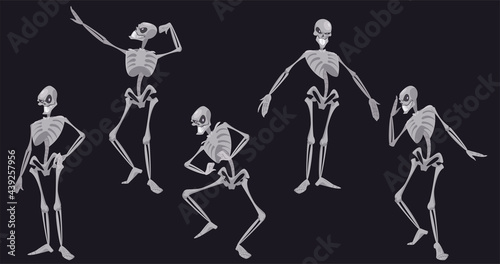 Human skeleton character in different poses isolated on black background. Vector set of cartoon smiling skeleton, dancing body from bones and skull. Halloween emoji set of dead man