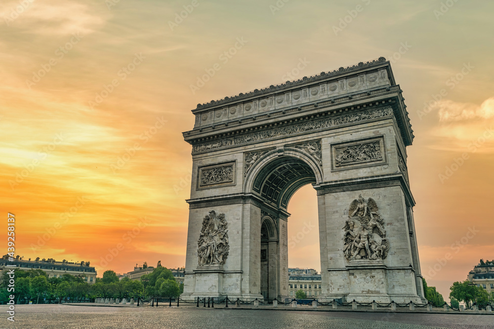 Paris France city skyline sunrise at Arc de Triomphe and Champs Elysees empty nobody