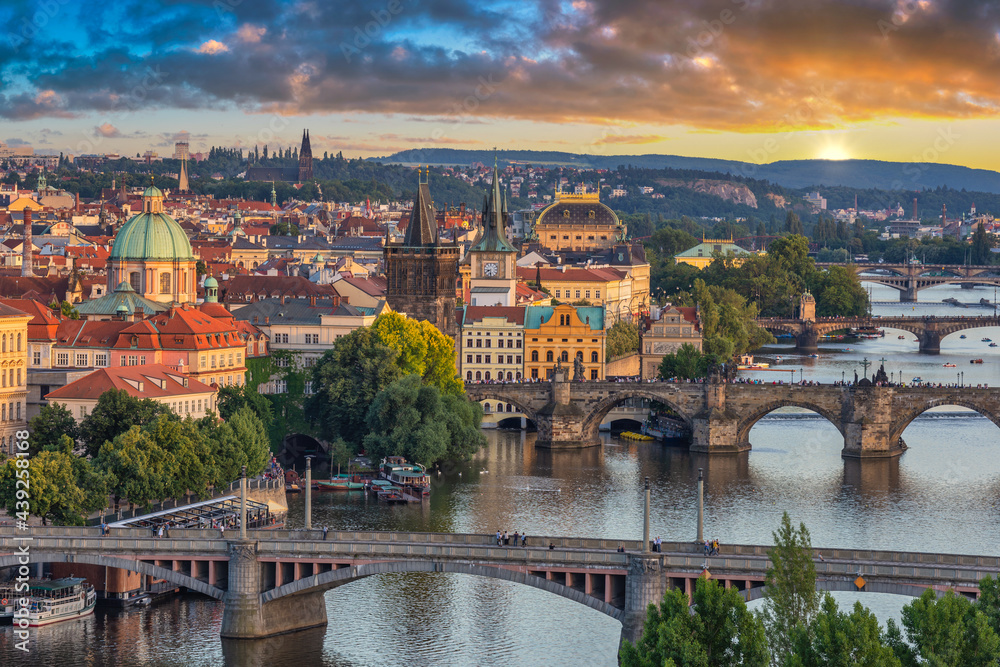 Prague Czech Republic, high angle view sunset city skyline at Charles Bridge and Vltava River, Czechia
