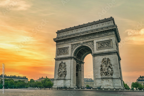 Paris France city skyline sunrise at Arc de Triomphe and Champs Elysees empty nobody