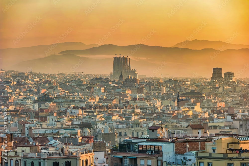 Barcelona Spain, aerial view sunrise  city skyline at city center