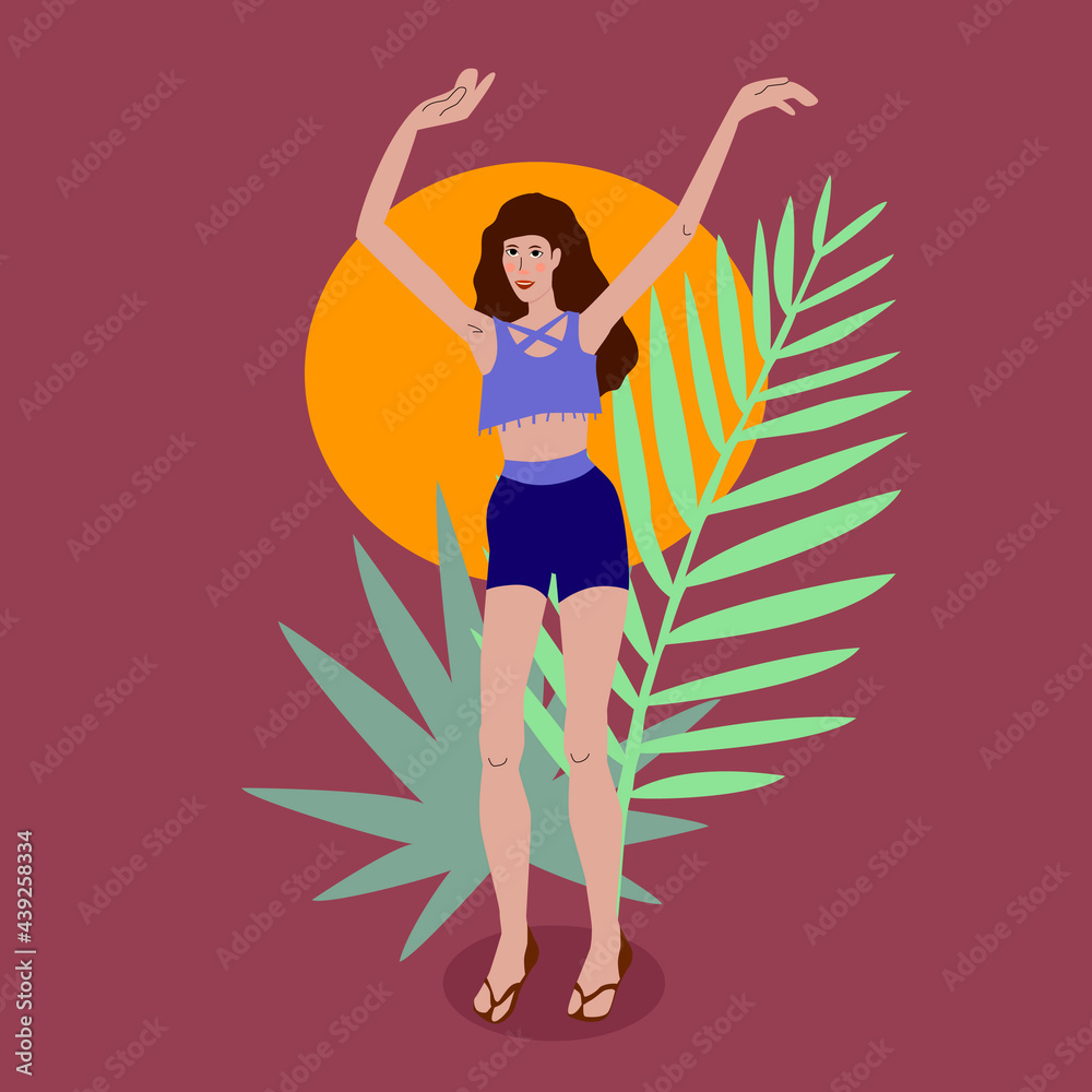 Body positive. A woman is dancing. Tropical leaves in the background. A full-length girl, hands above her head. Beautiful female figure size small. Boho style. Body positive. A woman is dancing. Tropical leaves in the background. A full-length girl, hands above her head. Beautiful female figure size small. Boho style.