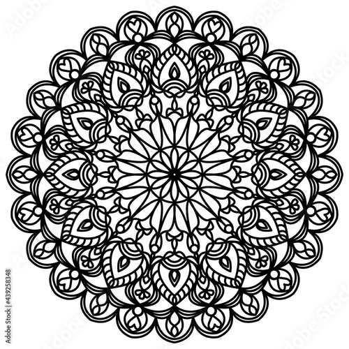 Mandala. Black ornament on white background. Vector pattern for tattoo, henna drawing, coloring book pages. Element for application on fabric, paper, glass. Isolated circular pattern in psychology. 