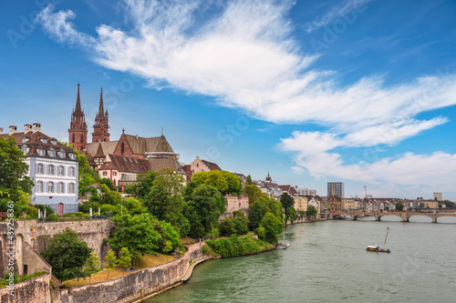 Basel Switzerland, city skyline at Rhine River and Basel Minster