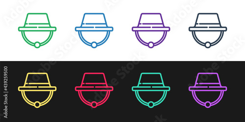 Set line Camping hat icon isolated on black and white background. Beach hat panama. Explorer travelers hat for hunting, hiking, tourism. Vector Illustration