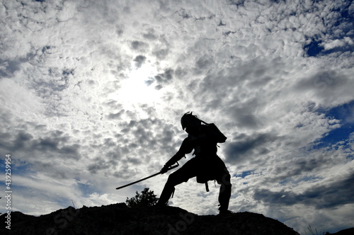 Warrior in armor against the sky