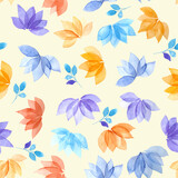 Abstract hand-drawn floral seamless pattern of transparent yellow, orange, red, blue, purple   flowers and blue twigs on a light yellow-beige background