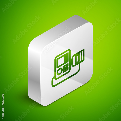 Isometric line Blood pressure icon isolated on green background. Silver square button. Vector Illustration