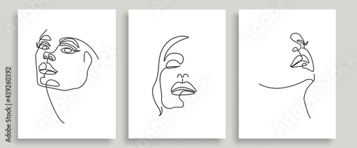 Fototapeta Naklejka Na Ścianę i Meble -  Abstract Line Art Women Faces Vector Print Set. Continuous One Line Fashion Templates with Female Head in Modern Minimalist Simple Style. Beauty Girl Vector Illustration.